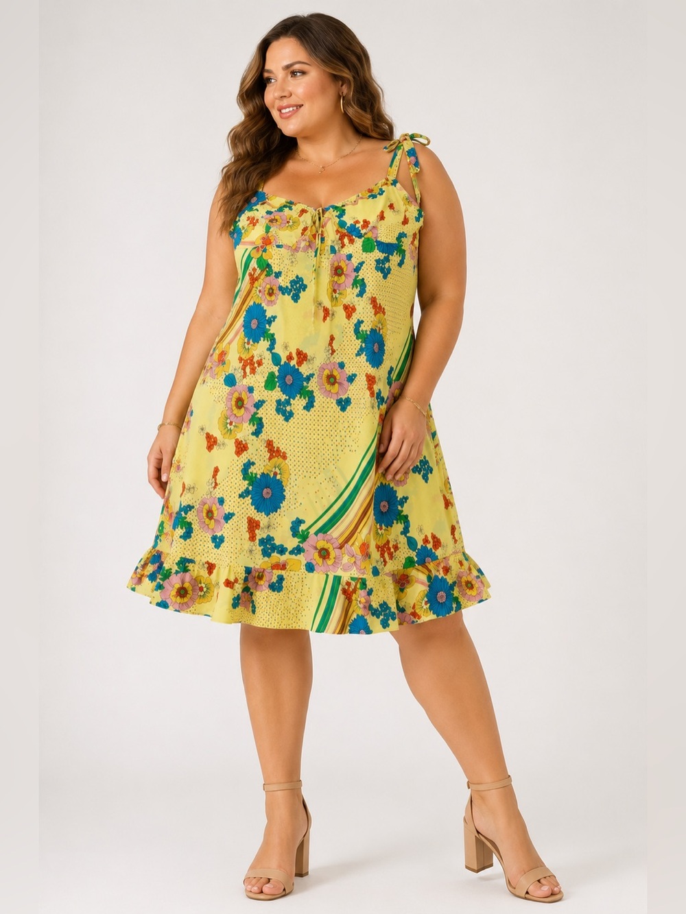 Mlle Gabrielle 20W Retro Floral Ruffle Dress Yellow Blue Plus Size